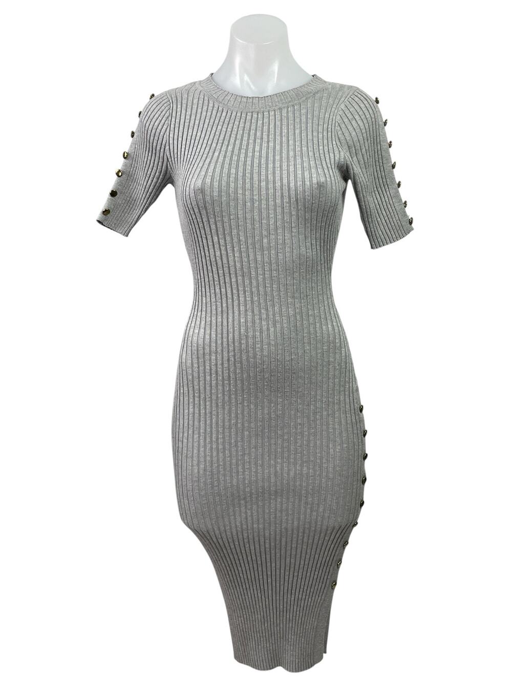 Say What? Gray Rib Knit Crew Neck Gold Button Short Sleeve Midi Bodycon Dress L